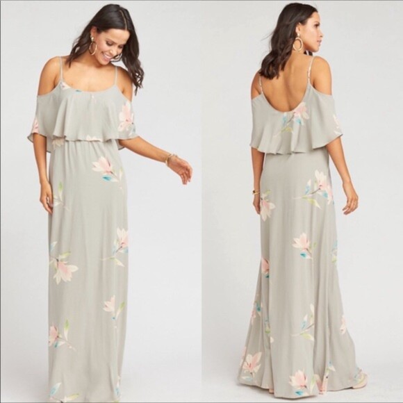 NWT SHOW ME YOUR MUMU Caitlin Ruffle Taupe Maxi Bridesmaid Dress Gown Size M - Picture 1 of 6